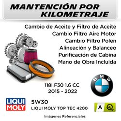 MANTENCIÓN POR KILOMETRAJE  BMW 118I F30 1.6cc  2015 - 2022   | SERVICIO TODO INCLUIDO - A KA01