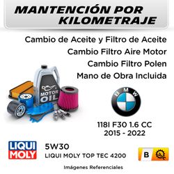 MANTENCIÓN POR KILOMETRAJE  BMW 118I F30 1.6cc  2015 - 2022   | SERVICIO TODO INCLUIDO - B KB01