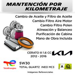 MANTENCIÓN POR KILOMETRAJE  KIA CERATO III 1.6CC  2012 - 2016  | SERVICIO TODO INCLUIDO - A KA01