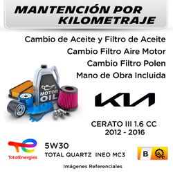 MANTENCIÓN POR KILOMETRAJE  KIA CERATO III 1.6CC  2012 - 2016  | SERVICIO TODO INCLUIDO - B KB01