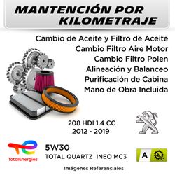 MANTENCIÓN POR KILOMETRAJE  PEUGEOT 208 HDI 1.4CC  2012 - 2019  | SERVICIO TODO INCLUIDO - A A001