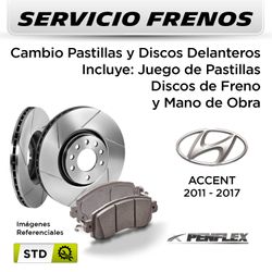 FRENOS - CAMBIO PASTILLAS Y DISCOS HYUNDAI ACCENT CDRI 2011 - 2017 - DELANTEROS | DISC. SANGSIN - PAST. PENFLEX - SERVICIO