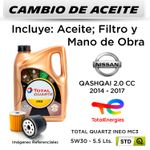 CAMBIO-DE-ACEITE--NISSAN--QASHQAI-2.0-CC--2014---2017-|-TOTAL-QUARTZ-INEO-MC3-5W30---FILTRO-HU6011Z-STP