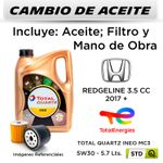 CAMBIO-DE-ACEITE--HONDA--REDGELINE-3.5-CC--2017---|-TOTAL-QUARTZ-INEO-MC3-5W30---FILTRO-W610-82-HANZO