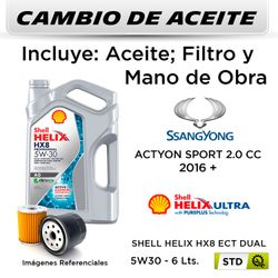 CAMBIO DE ACEITE  SSANGYONG  ACTYON SPORT 2.0 CC  2016 + | SHELL HELIX HX8 ECT DUAL 5W30 - FILTRO HU613X HANZO