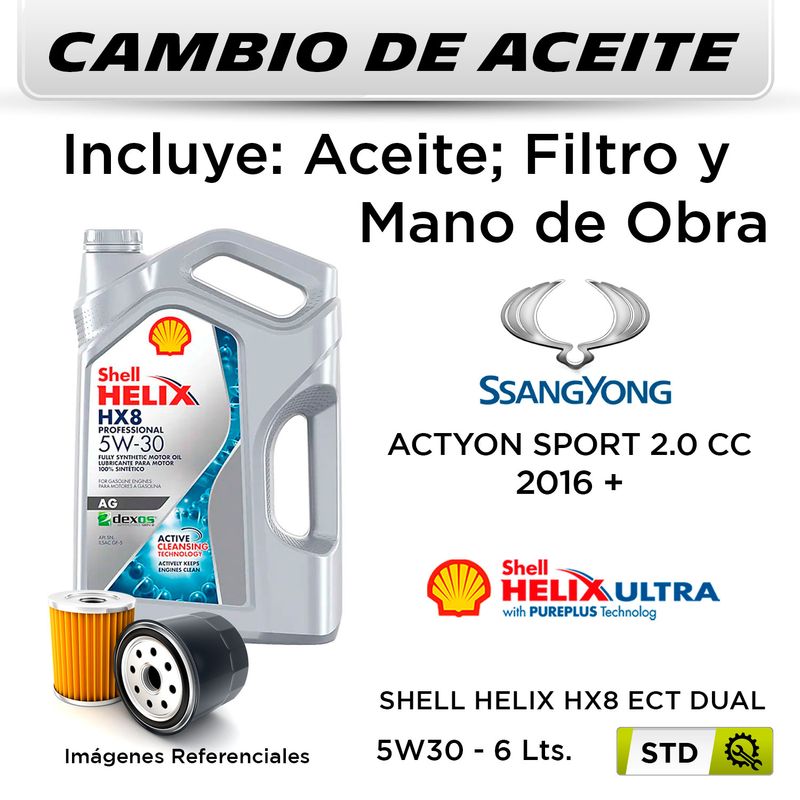 CAMBIO-DE-ACEITE--SSANGYONG--ACTYON-SPORT-2.0-CC--2016---|-SHELL-HELIX-HX8-ECT-DUAL-5W30---FILTRO-HU613X-HANZO