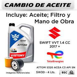 CAMBIO DE ACEITE  SUZUKI  SWIFT VVT 1.4 CC  2017 + | VISTONY ATTOM 5W30 S320 ACEA C3 API SN - FILTRO W67/81 HANZO