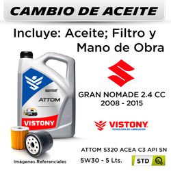 CAMBIO DE ACEITE  SUZUKI  GRAN NOMADE GLX 2.4 CC  2008 - 2015 | VISTONY ATTOM 5W30 S320 ACEA C3 API SN - FILTRO W610/80 HANZO