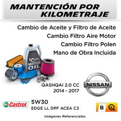 MANTENCIÓN POR KILOMETRAJE NISSAN QASHQAI 2.0 CC 2014 - 2017 | SERVICIO TODO INCLUIDO - B KB002