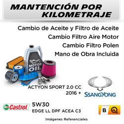 MANTENCIÓN POR KILOMETRAJE SSANGYONG ACTYON SPORT 2.0 CC 2016 + | SERVICIO TODO INCLUIDO - B KB2