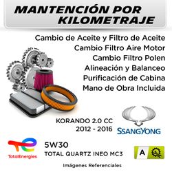 MANTENCIÓN POR KILOMETRAJE SSANGYONG KORANDO 2.0 CC 2012 - 2016 | SERVICIO TODO INCLUIDO - A KA01