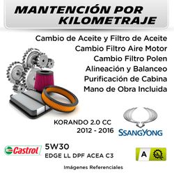 MANTENCIÓN POR KILOMETRAJE SSANGYONG KORANDO 2.0 CC 2012 - 2016 | SERVICIO TODO INCLUIDO - A KA02