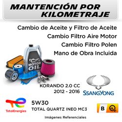 MANTENCIÓN POR KILOMETRAJE SSANGYONG KORANDO 2.0 CC 2012 - 2016 | SERVICIO TODO INCLUIDO - B KB01