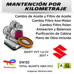 MANTENCIÓN POR KILOMETRAJE SUZUKI SWIFT VVT 1.4 CC 2017 + | SERVICIO TODO INCLUIDO - A KA0001