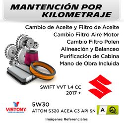 MANTENCIÓN POR KILOMETRAJE SUZUKI SWIFT VVT 1.4 CC 2017 + | SERVICIO TODO INCLUIDO - A KA0002