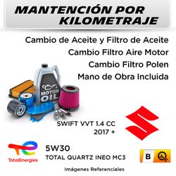 MANTENCIÓN POR KILOMETRAJE SUZUKI SWIFT VVT 1.4 CC 2017 + | SERVICIO TODO INCLUIDO - B KB0001