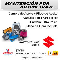 MANTENCIÓN POR KILOMETRAJE SUZUKI SWIFT VVT 1.4 CC 2017 + | SERVICIO TODO INCLUIDO - B KB0002