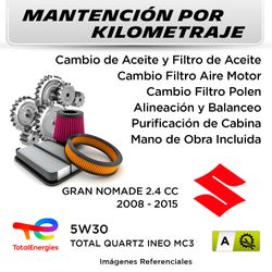 MANTENCIÓN POR KILOMETRAJE SUZUKI GRAN NOMADE 2.4 CC 2008 - 2015 | SERVICIO TODO INCLUIDO - A KA01