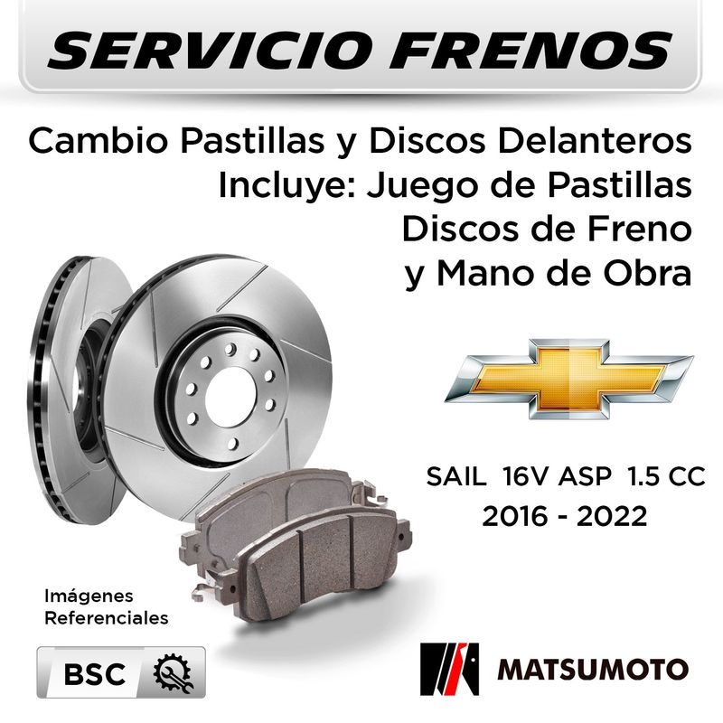 FRENOS---CAMBIO-PASTILLAS-Y-DISCOS-CHEVROLET-SAIL-16V-ASP-1.5-CC-2016---2022-|-DELANTEROS---PAST.-MATSUMOTO---DISC.-MATSUMOTO-