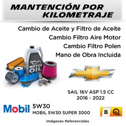 MANTENCIÓN POR KILOMETRAJE CHEVROLET SAIL 16V ASP 1.5 CC 2016 - 2022 | SERVICIO TODO INCLUIDO - B001