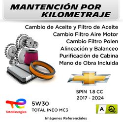 MANTENCIÓN POR KILOMETRAJE CHEVROLET SPIN 1.8 CC 2017 - 2024 | SERVICIO TODO INCLUIDO - A001