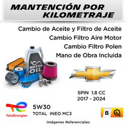 MANTENCIÓN POR KILOMETRAJE CHEVROLET SPIN 1.8 CC 2017 - 2024 | SERVICIO TODO INCLUIDO - B001