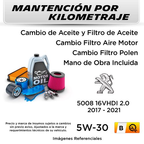 MANTENCIÓN POR KILOMETRAJE  PEUGEOT 5008 16VHDI 2.0  2017 - 2021  | SERVICIO TODO INCLUIDO - B KB02