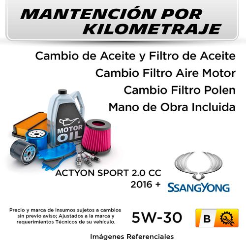 MANTENCIÓN POR KILOMETRAJE SSANGYONG ACTYON SPORT 2.0 CC 2016 + | SERVICIO TODO INCLUIDO - B KB2