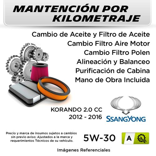 MANTENCIÓN POR KILOMETRAJE SSANGYONG KORANDO 2.0 CC 2012 - 2016 | SERVICIO TODO INCLUIDO - A KA01