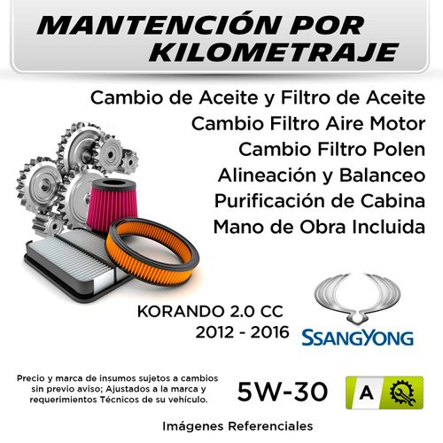 MANTENCIÓN POR KILOMETRAJE SSANGYONG KORANDO 2.0 CC 2012 - 2016 | SERVICIO TODO INCLUIDO - A KA02