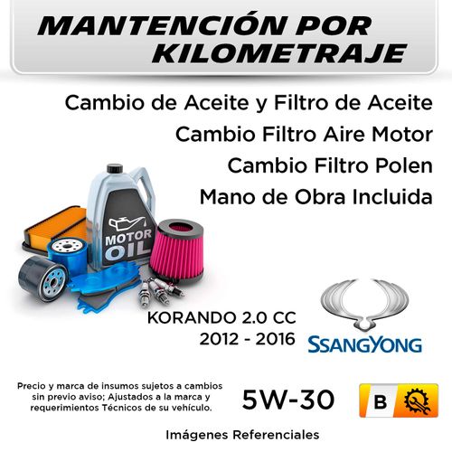 MANTENCIÓN POR KILOMETRAJE SSANGYONG KORANDO 2.0 CC 2012 - 2016 | SERVICIO TODO INCLUIDO - B KB03
